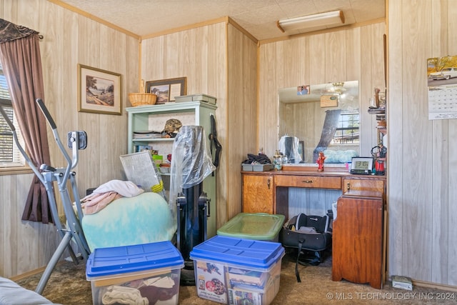 miscellaneous room featuring carpet flooring and wooden walls