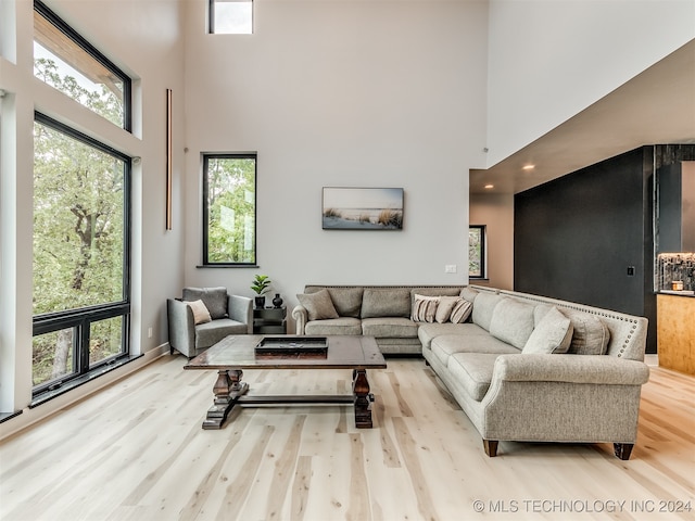 living room with a towering ceiling, light hardwood / wood-style flooring, and a wealth of natural light