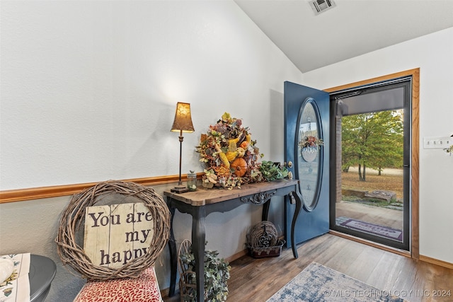 entryway featuring lofted ceiling and hardwood / wood-style flooring