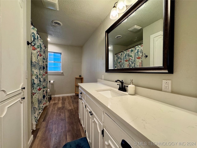 bathroom featuring hardwood / wood-style flooring, vanity, and a textured ceiling