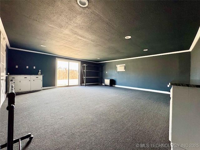 unfurnished living room with ornamental molding, carpet floors, and a textured ceiling