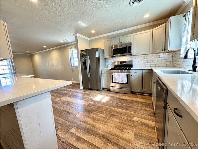 kitchen featuring sink, gray cabinetry, light wood-type flooring, kitchen peninsula, and stainless steel appliances