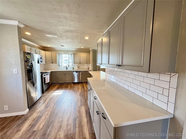 kitchen with sink, tasteful backsplash, a textured ceiling, dark hardwood / wood-style floors, and stainless steel appliances