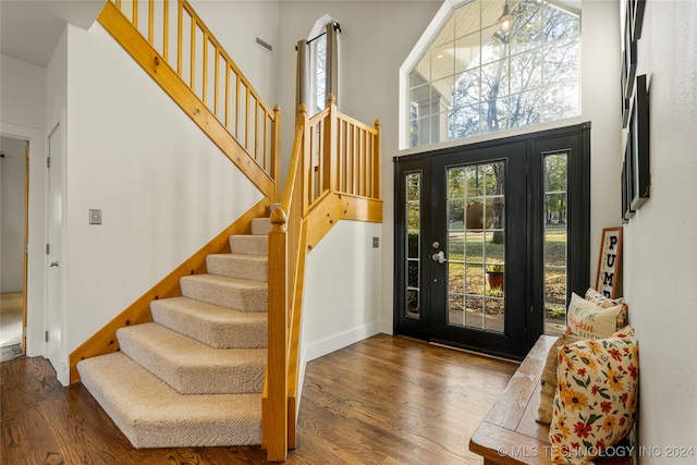 foyer featuring a towering ceiling and dark hardwood / wood-style flooring