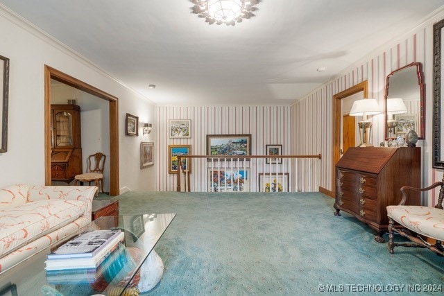 living room featuring ornamental molding and carpet