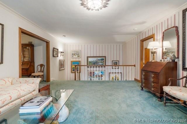 2840 S Victor Ave, Tulsa, OK 74114 - living room with wallpapered walls, carpet flooring, and ornamental molding