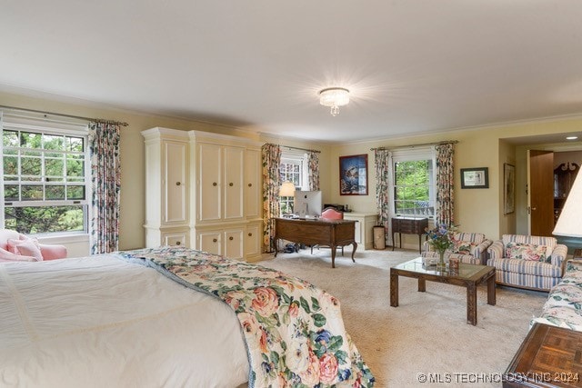 bedroom featuring light colored carpet, multiple windows, and ornamental molding