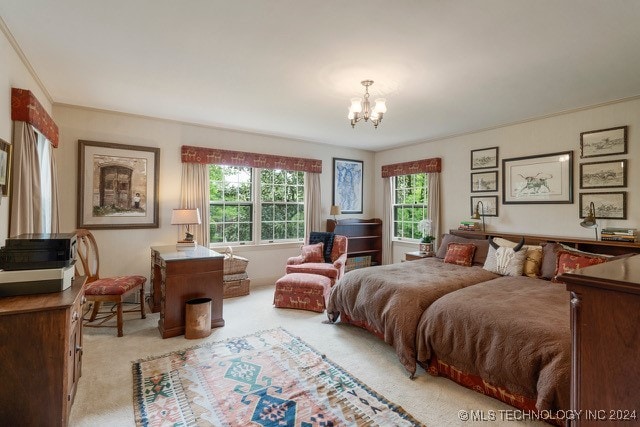 bedroom featuring light colored carpet and a notable chandelier