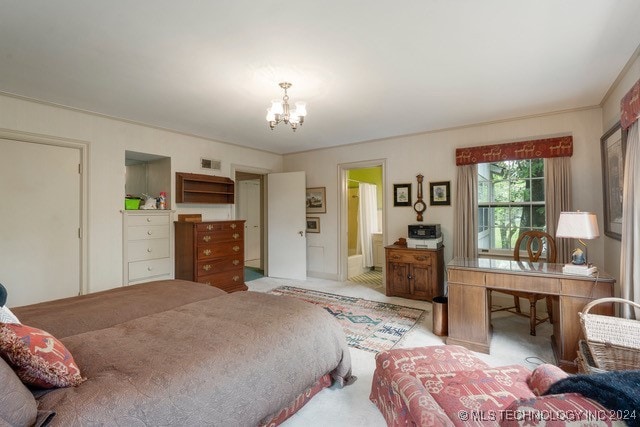 bedroom with light colored carpet and a notable chandelier