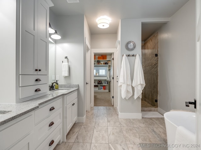 bathroom featuring vanity and shower with separate bathtub