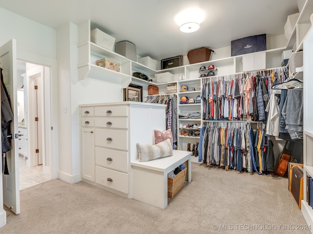 walk in closet with light carpet