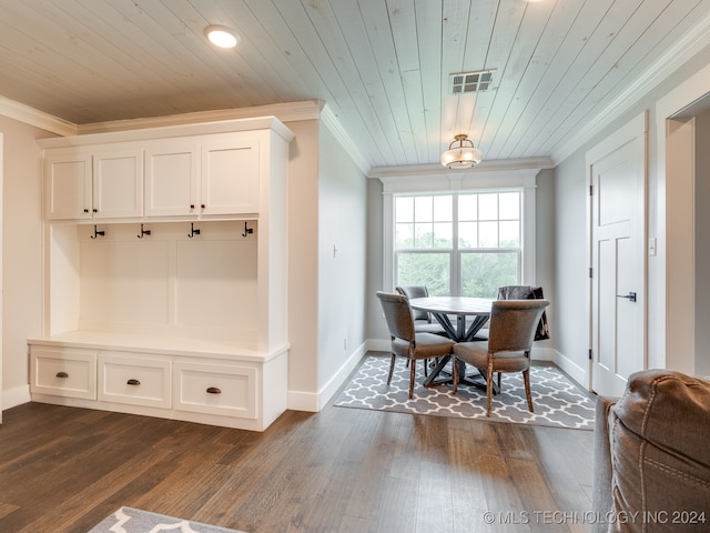 mudroom featuring crown molding, wood ceiling, and dark hardwood / wood-style flooring