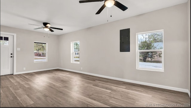 spare room featuring electric panel, hardwood / wood-style floors, ceiling fan, and plenty of natural light