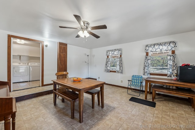 dining area featuring washing machine and dryer and ceiling fan