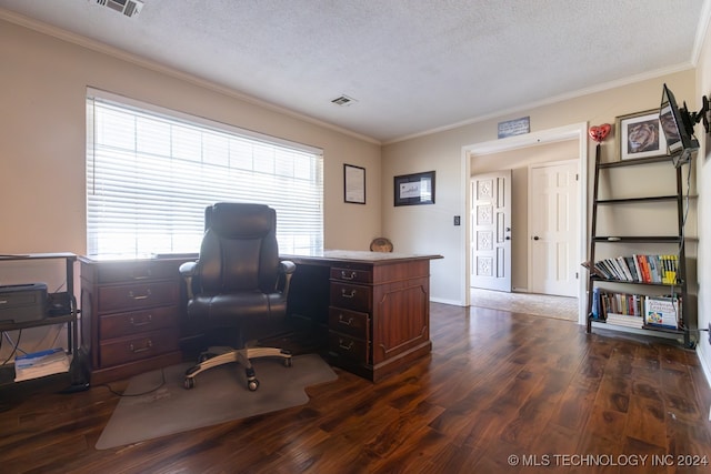 office area featuring ornamental molding, a textured ceiling, and dark wood-type flooring