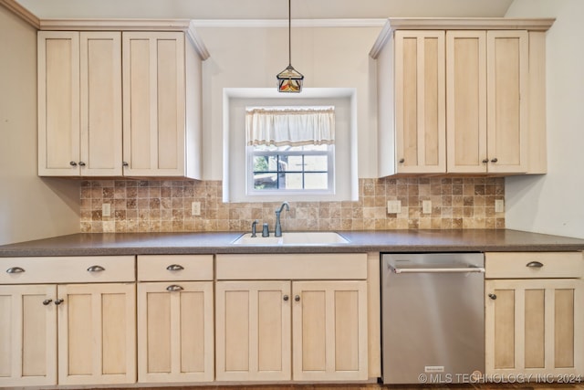 kitchen featuring sink, decorative backsplash, dishwasher, and hanging light fixtures