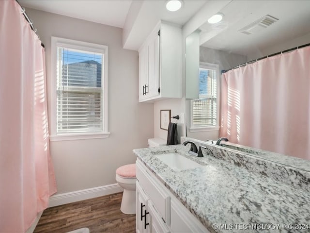 bathroom with toilet, vanity, and hardwood / wood-style floors