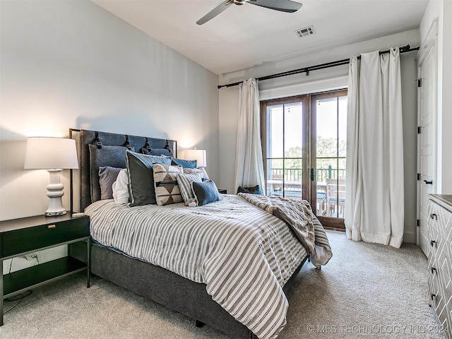 bedroom with access to outside, ceiling fan, and carpet flooring