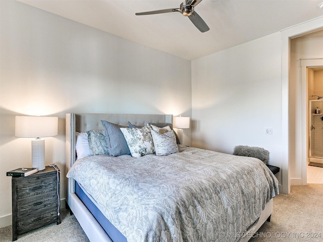 bedroom with light carpet and ceiling fan