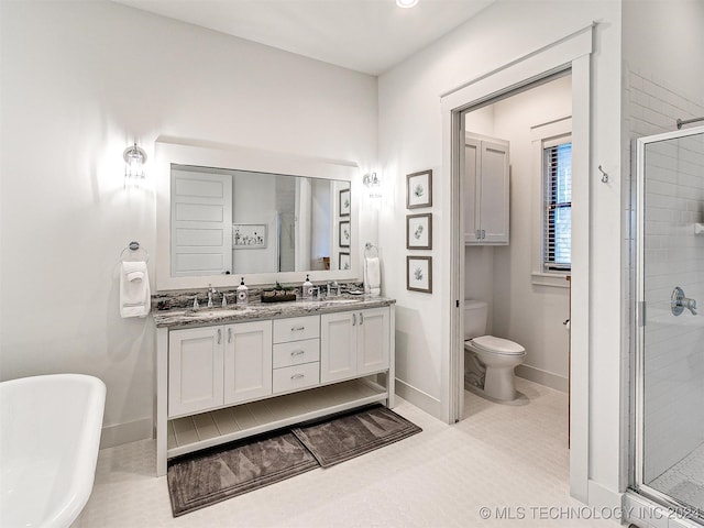 full bathroom with vanity, plus walk in shower, toilet, and tile patterned floors