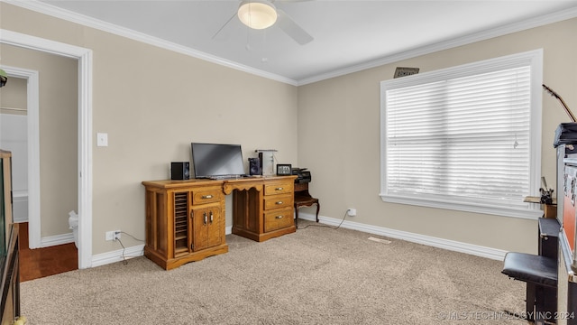 office featuring light carpet, crown molding, and ceiling fan