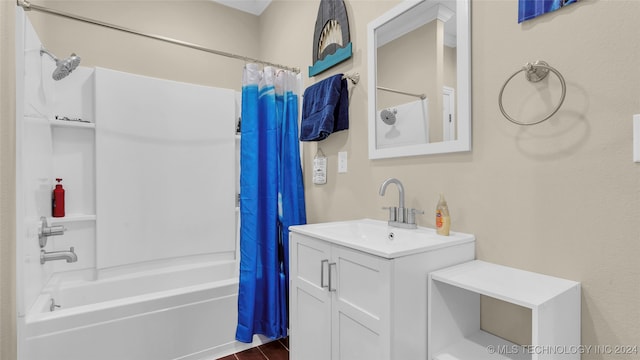 bathroom featuring vanity, hardwood / wood-style flooring, and shower / bath combination with curtain