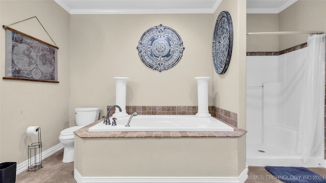 bathroom with ornamental molding, plus walk in shower, toilet, and tile patterned floors