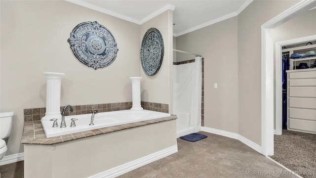 bathroom with toilet, crown molding, and shower with separate bathtub