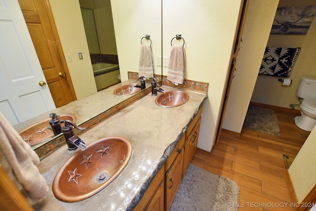 bathroom featuring toilet, vanity, and wood-type flooring