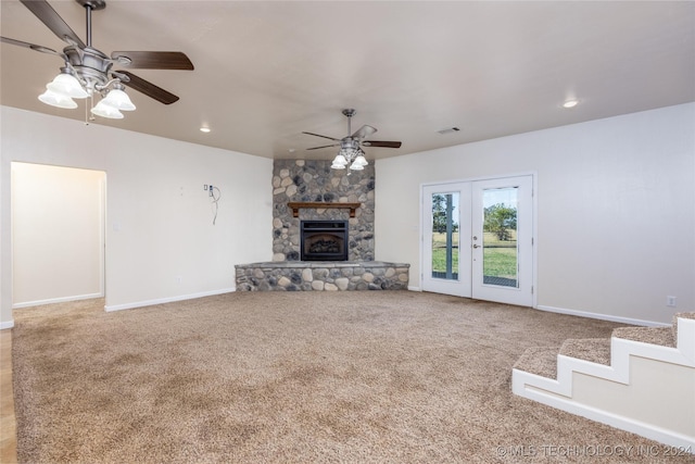 unfurnished living room with ceiling fan, carpet, baseboards, and recessed lighting