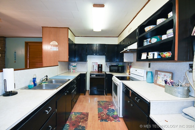 kitchen featuring light wood-type flooring, sink, black appliances, and decorative backsplash