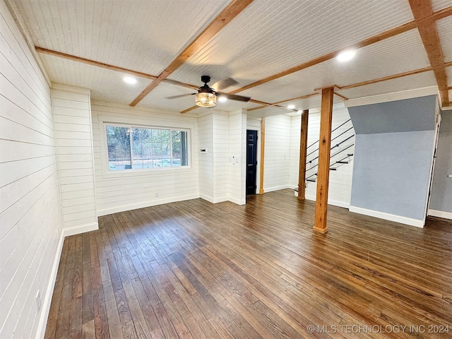 unfurnished living room with ceiling fan, beamed ceiling, dark hardwood / wood-style floors, and wooden walls