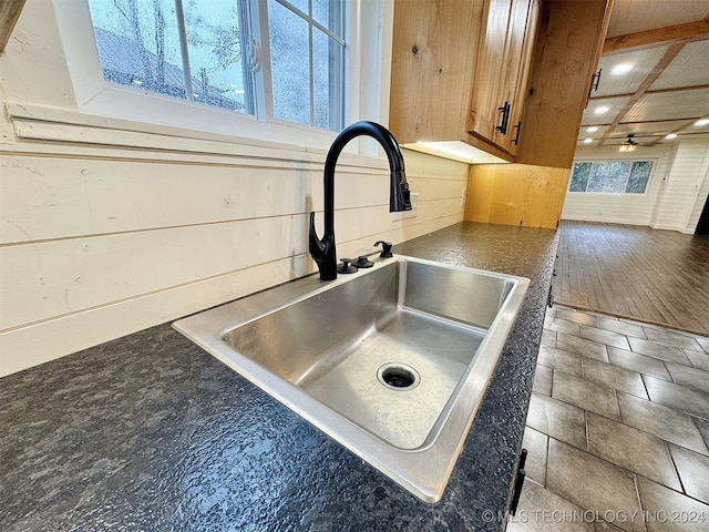 room details featuring dark hardwood / wood-style flooring, sink, and ceiling fan