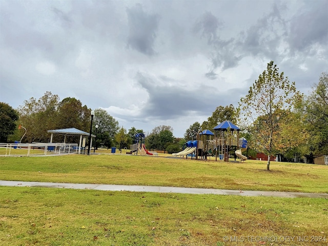 view of play area with a lawn and a gazebo