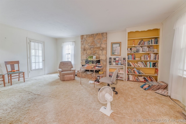 living area featuring carpet flooring and crown molding