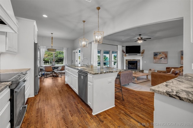 kitchen featuring stainless steel appliances, a ceiling fan, a sink, a fireplace, and dark wood-style flooring