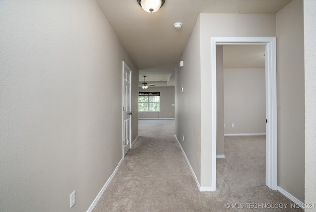 hall featuring light colored carpet