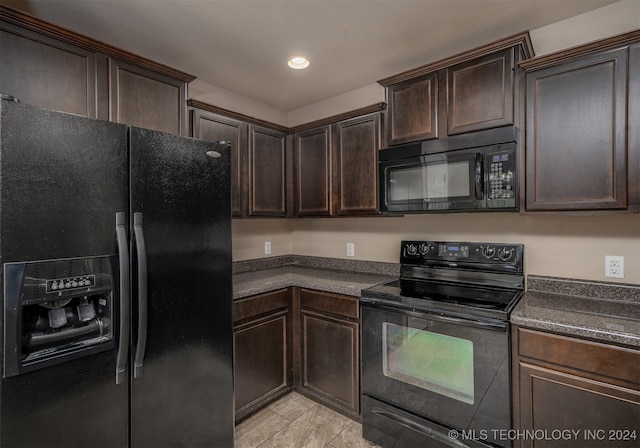 kitchen with dark brown cabinets and black appliances