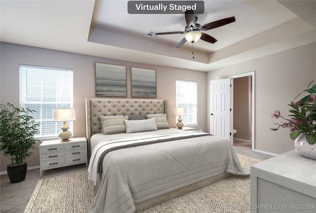 carpeted bedroom featuring ceiling fan, multiple windows, and a raised ceiling