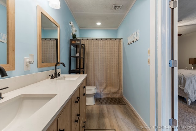 bathroom featuring vanity, a textured ceiling, hardwood / wood-style flooring, and toilet