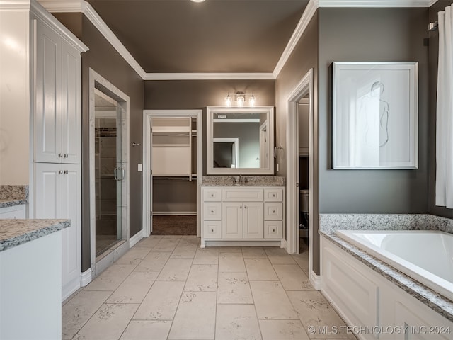 full bathroom with toilet, independent shower and bath, vanity, and ornamental molding