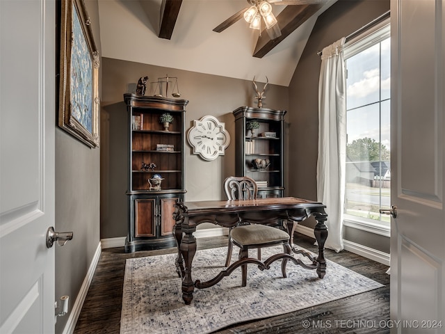 home office featuring ceiling fan, vaulted ceiling with beams, and dark hardwood / wood-style floors