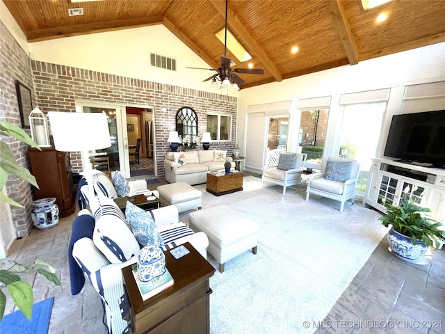 living room with high vaulted ceiling, brick wall, ceiling fan, and wood ceiling