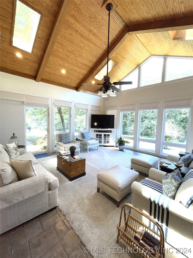 living room featuring high vaulted ceiling, a skylight, ceiling fan, and beam ceiling