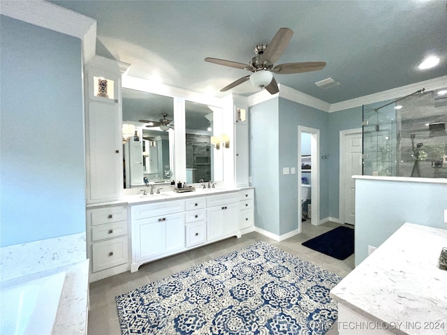 bathroom featuring tile patterned floors, ornamental molding, vanity, independent shower and bath, and ceiling fan