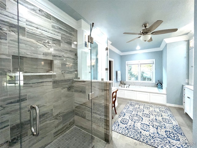 bathroom featuring ornamental molding, shower with separate bathtub, ceiling fan, and vanity