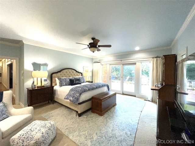 bedroom featuring access to outside, light colored carpet, ceiling fan, and crown molding