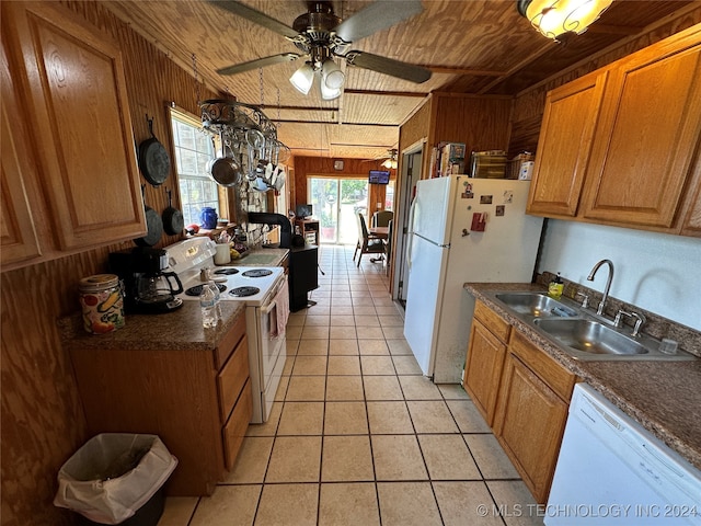 kitchen with wood walls, sink, white appliances, wooden ceiling, and ceiling fan