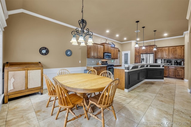 dining area with recessed lighting, a wainscoted wall, crown molding, and light tile patterned flooring