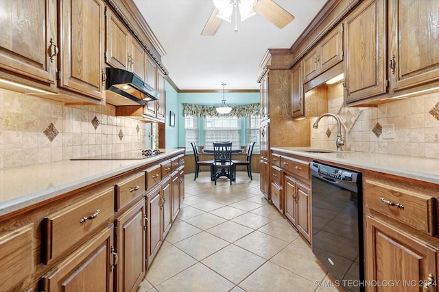 kitchen featuring light tile patterned floors, ornamental molding, black appliances, decorative backsplash, and decorative light fixtures